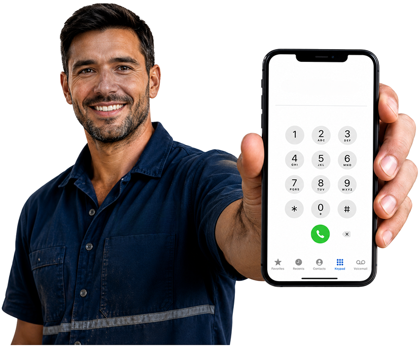 Concord West Blocked Drains plumber holding a phone — call 1300 261 965