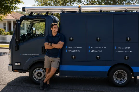 Plumber standing beside a service van in Concord West