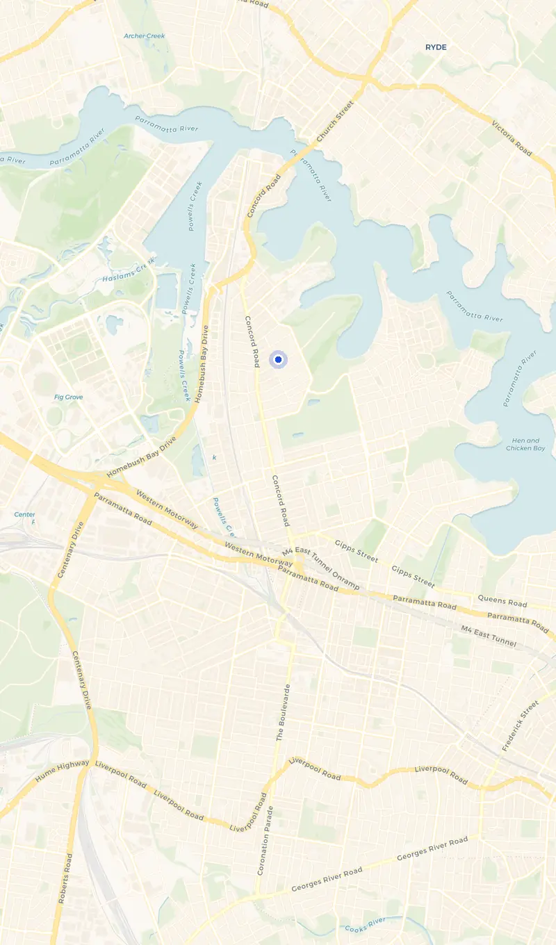 Map of the Concord West service area and the surrounding suburbs we cover.