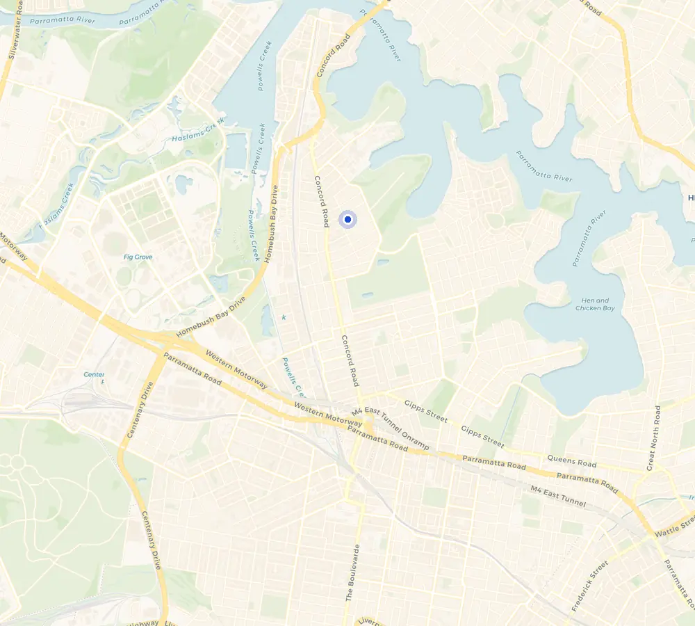 Map of the Concord West service area and the surrounding Inner West, showing Concord West and the nearby streets we cover.