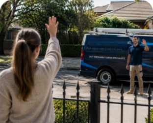 Customer waving goodbye to a Concord West Blocked Drains plumber